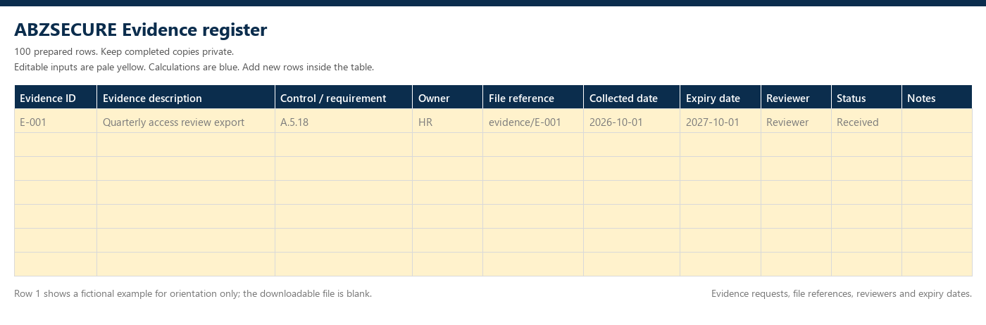 Evidence register preview